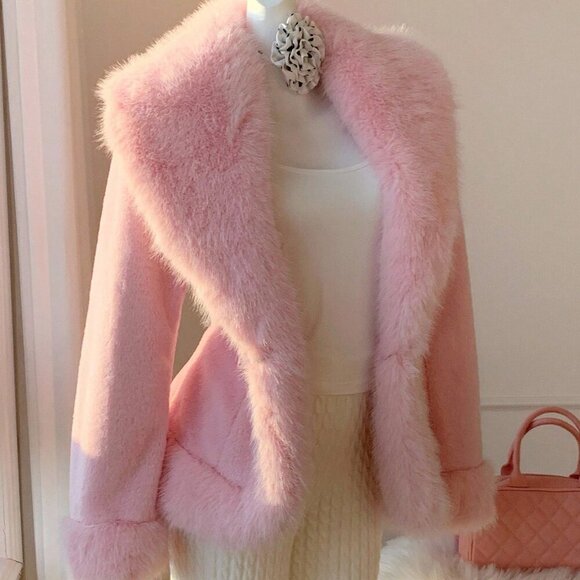 Baby Pink Casual Women's Faux Fur Coat - Picture 3 of 8